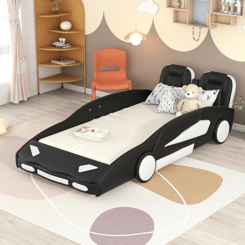 callmego Race Car-Themed Platform Bed for Kids with Casters, Twin Size