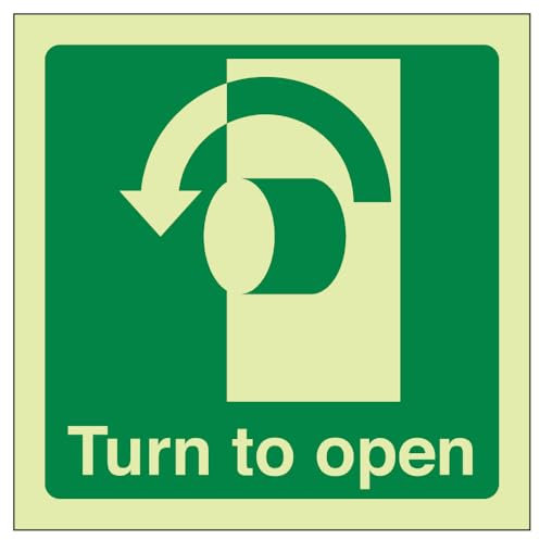 V Safety 22017AF-GS Glow In The Dark Turn To Open (Anti-Clockwise) Door Sign - 100mm x 100mm - Self Adhesive Vinyl