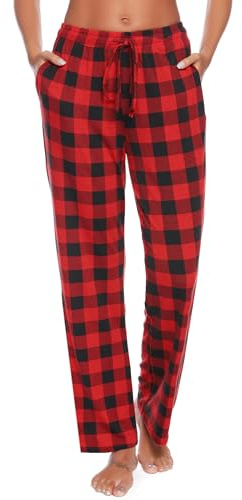 Vlazom Rutiga pyjamasbyxor för kvinnor, mjuka pyjamasbyxor för kvinnor, joggingbyxor, långa, ogenomskinliga sportbyxor, idealiska för sömn, löpning och promenader, En stil-röd, L