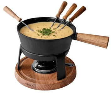 BOSKA Fondue Set Pro L - Premium Fondue Pot - Cheese Fondue Sets - Cast Iron Fondue Pot - Suitable for Every Stove - Incl. 6 Wooden Fondue Forks - Black - 60.8 fl oz