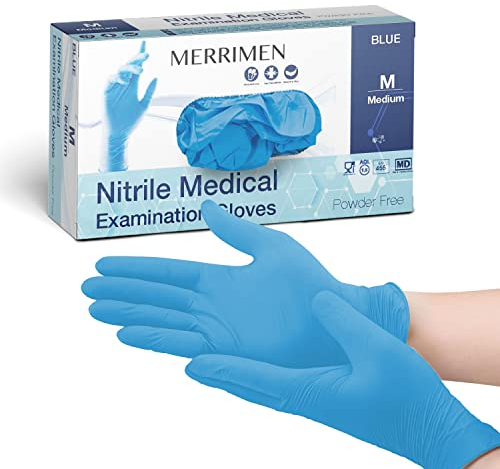 Merrimen Vinyl Gloves - BLUE | Disposable – Box of 100 | Medium Ambidextrous Vinyl Gloves | Latex & Powder Free | For Safe Hands Against Allergies