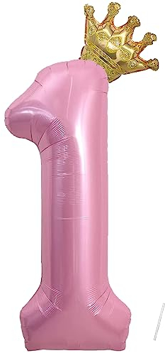 VUCDXOP 40 Pouces Ballon Chiffre 1 Gonflable Anniversaire, Hélium Numéro 1 Rose Avec Couronne, Décoration de Mariage