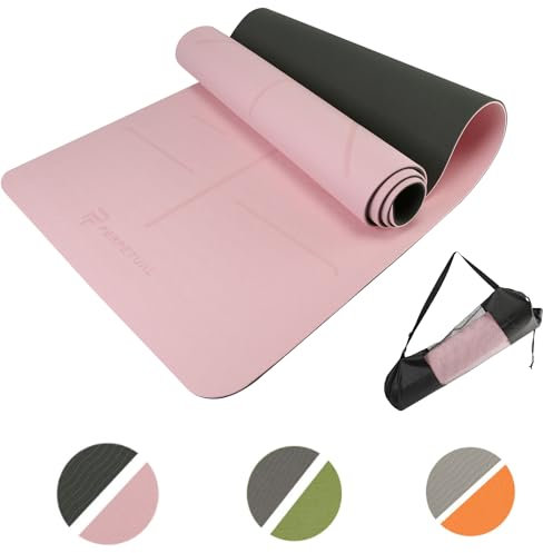 PERPETUAL® Esterilla de Yoga y Pilates de 6mm TPE - Mat Antideslizante - Con Correa y Bolsa de Transporte - Colchoneta Gruesa y Plegable - Hombre/Mujer - Fitness en Casa (Rosa Crema con Indicadores)