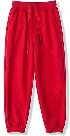 BINIDUCKLING Boys Girls Plain Joggers, Drawstring Tracksuit Bottoms Classic Elasticated Cuff Jogging Pants Kids Casual School Trousers for PE Sports and Games (Red,160/10-12Years)
