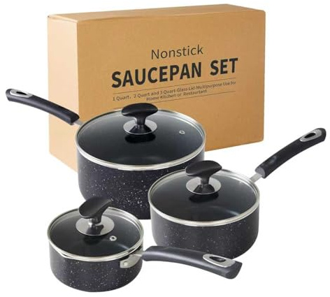 HooJay Nonstick kastrull med lock, non-stick 1Qt & 2Qt & 3Qt såspanna set med silikonhandtag, liten mjölkkastrull med glaslock för hemmakök, svart