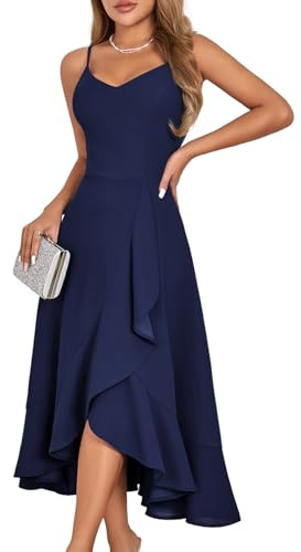 DRESSTELLS Robe de Cocktail Femme Cérémonie Bretelles Hautes Robes de Mariage Bleu Foncé Mi-Longues Ourlet Ruffle d'été Grandes Tailles Fête Elégante Navy 2XL