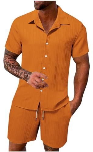 HAOLEI Mens Cotton Linen Shorts and Shirt Sets UK Sale Clearance Tracksuit Set Summer Co Ord Sets Short Sleeve Button Down Shirts & Shorts with Pockets 2 Piece Outfits Vacation Beach Wedding Suits