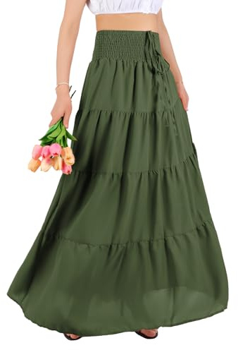MYSSUCI lång kjol damer sommar chiffong bohemisk maxikjol elastisk sommarkjol med hög midja enfärgad strandklänning, Armégrön, M