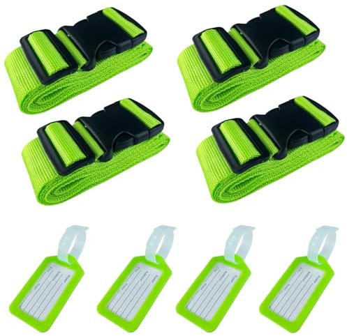 Gentpovth 4 Stück Einstellbare Kofferband mit 4 Stück Kofferanhänger, Luggage Strap für Festes Gepäck bei Flugreisen, Personalisierter Gepäckgurt für Schnell erkennen Gepäck Reisetasche, Grün