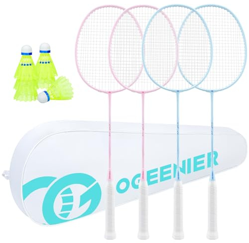 OGEENIER Lot de 2 Raquettes de Badminton légères Professionnelles avec 6 Volants et 1 Sac pour 4 Personnes