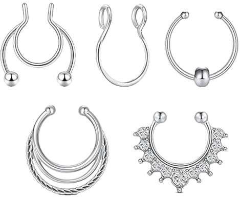 LunarCharm 5 bagues pour faux piercing de septum en acier inoxydable, pour septum nasal, faux septum, argent, L