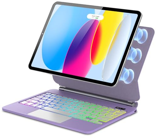 WAVATA Tangentbordsfodral för iPad 10, 2022, 10,9 tum och iPad A16, 11th Generation 2025, 11 tum, magnetisk flytande design, 7 färger bakgrundsbelyst, franskt Azerty styrplatta-tangentbord, lila