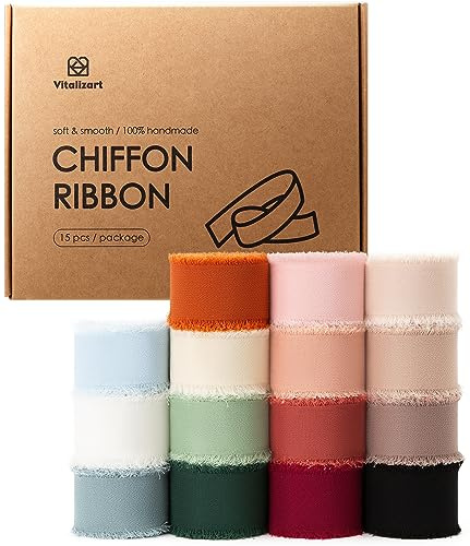Vitalizart Mixed 15 Colours Chiffon Ribbon 1 x 75 Yd for Crafting | Silky Fringe Fabric Ribbons (15 Rolls x 5 Yd), for Wedding Invitation, Bridal Bouquet, Gift Wrapping, Bows Making