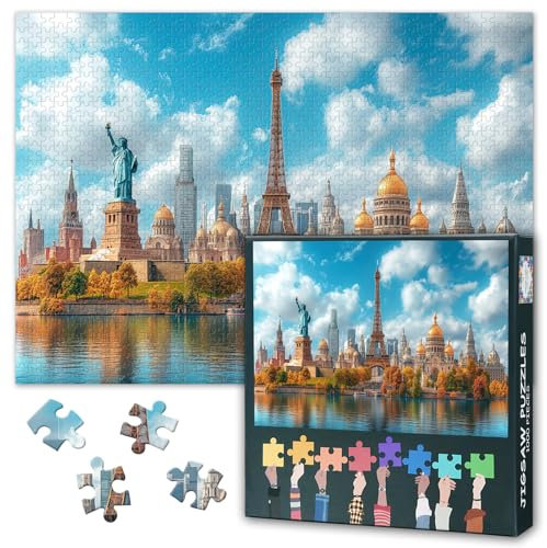1000 Piece Puzzle for Adults World Landmarks Jigsaw Puzzles 1000 Pieces Eiffel Tower and Liberty Statue Puzzle Family Challenge Game Teens Educational Toys Suitable for Game Night Size: 70x50cm
