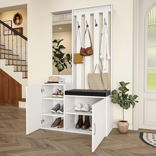 TDRTRD Garde Robe Moderne avec Banc et Coussin 100 x 40 x 180 cm, étagère à Chaussures, Ensemble de Vestiaire d'Entrée avec Miroir, Meuble d'Entrée, 4 cintres, 2 Portes (Blanc, 100 x 40 x 180 cm)