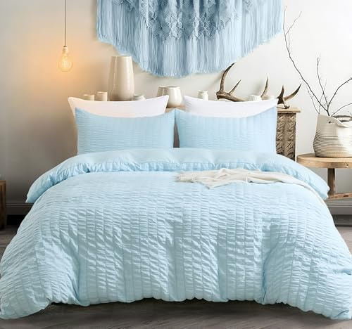 Set Copripiumino Doppio Taglia Light Blue, Set Copripiumino Ultra Morbido in Seersucker a 3 Pezzi con Chiusura a Cerniera, Set Biancheria da Letto in Microfibra Morbida con 2 Federe 200×200 cm