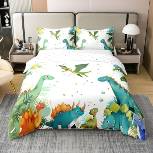Loussiesd Juego de ropa de cama de algodón de dinosaurio, tamaño individual, suave, para niños y niñas, funda de edredón de microfibra con diseño de dinosaurio de dibujos animados, decoración de