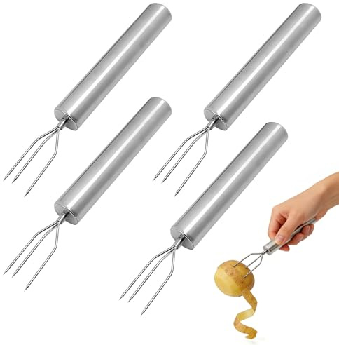 KLINNA 4 forchette per patate in acciaio inox con 3 denti, pratica forchetta per patate e pannocchie di mais, robusto aiuto per sbucciatura riutilizzabile per barbecue all'aperto e campeggio