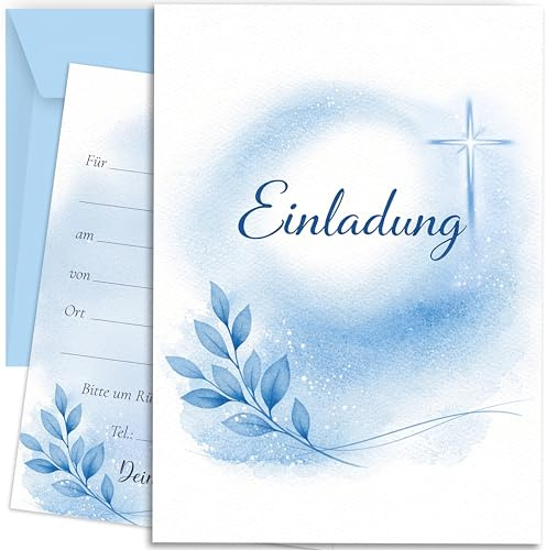 E & G klass 10 inbjudningskort med kuvert inbjudan kort dubbelsidigt tryckt elegant kors enkel delikat för dop nattvardsgång konfirmation konfirmation blå akvarell blad flickor och pojkar