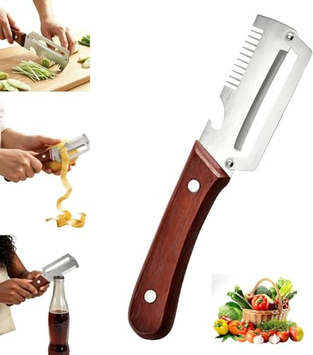 Pelador de Patatas - Pelador de Verduras,Pelador de verduras multifunción 3 en 1 para cocina con hoja de acero inoxidable ultraafilada y mango de madera ergonómico, Abridor de Botella