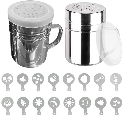 Hipzeepo 2Pack Tamiz de Chocolate de Acero Inoxidable, Sifón de Polvo, Salero, Azucarero, Espolvoreador de Café, 16 Plantillas de Café para Decorar Pasteles, Jarabe, Crema, Cacao, Capuchino.