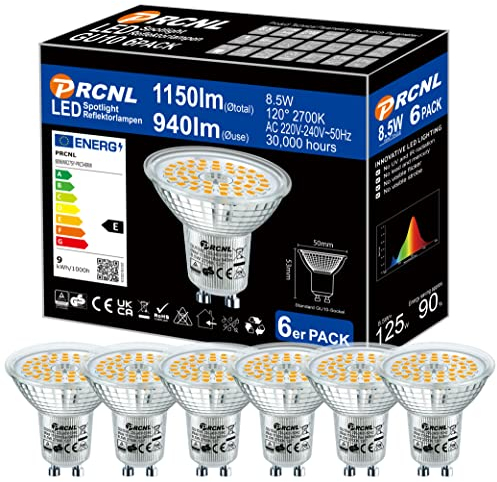 PRCNL GU10 LED Warmweiss Lampen, Leuchtmittel 8.5W, 940 Lumen, 2700 Kelvin Warmweiß, AC 220-240V, Ersetzt 125W Halogenlampen, 120 ° Strahlwinkel, Nicht Dimmbare Birnen, 6er -Pack