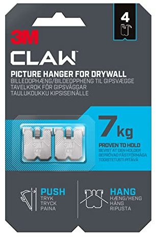 3M Claw Plasterboard Picture Hanging Wall Hooks For Hanging Home Décor, 4 Hangers, Holds up to 7 kg - Ideal for Heavyweight Items