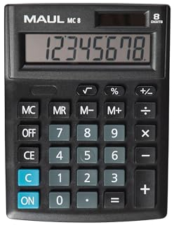 MAUL Taschenrechner MC8 | großes, angewinkeltes Display | 8 Stellen | Profi-Tischrechner für Büro, Zuhause, Schule | Solar/Batterie | 13,7 x 10,3 cm | Schwarz