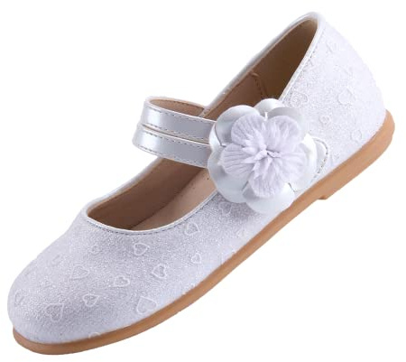 EIGHT KM Scarpe da Bambina Piccola Mary Jane Principessa da Sposa Ballerine EKM7063 Scintillante Luccichio Fiore Camelia Cuore Bianca EU Taglia 30