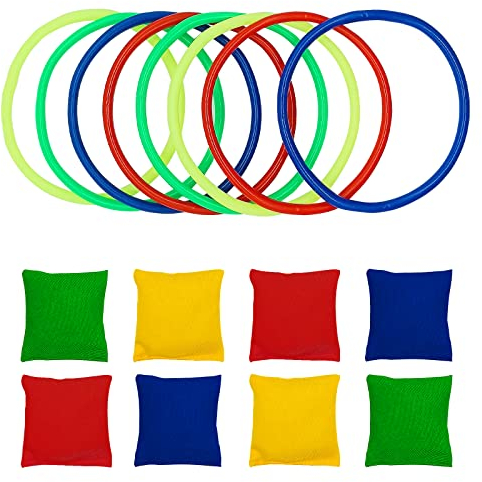 WAIZHIUA 16Pcs Throwing Game Set, 8Pcs Nylon Bean Bags 8Pcs Plastic Toss Rings Multicolor Toss Game Sets Carnival Game Favor Party Supplies for Kids Teens Adults Indoor Outdoor
