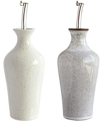 Lot de 2 Distributeurs D'Huile D'Olive et de Vinaigre, Bouteille en Céramique Grès 350ml, Crème + Gris, BREEZY, Cª Atlântica