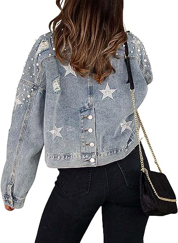 Chaqueta Vaquera Oversize de Manga Larga con Abalorios y Estrellas Bordadas