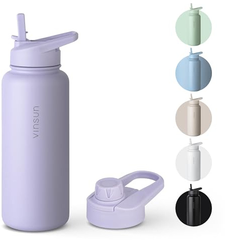 Vinsun Trinkflasche Edelstahl lila 1L - Strohhalm, Trinköffnung - auslaufsicher, Kohlensäure geeignet, BPA frei - Thermosflasche Sport, Outdoor, Schule, Uni, Fahrrad, Wandern, Gym