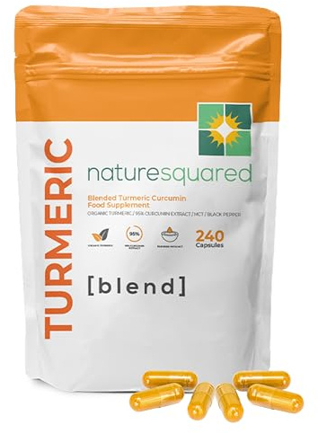 NATURE SQUARED Turmeric [Blend]: Premium Turmeric (2335mg) and Black Pepper Capsules with 95% Curcumin&MCTs - 240 High Strength Capsules - 8 Month Supply - Vegan - Non GMO - Gluten Free - GMP- UK Made