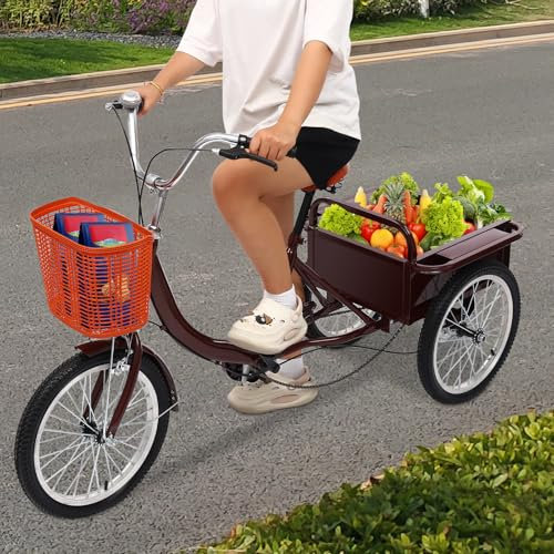 WindWilder Dreirad für Erwachsene 17 Zoll, Höhenverstellbar Fahrrad Erwachsene mit 2 Körbe, City Einkauffahrrad Bike, Dreirad für Outdoor Aktivitäten, Tragfähigkeit 150 kg/330lbs (Burgunderrote-Farbe)