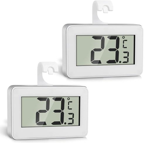 Romon Termometro Frigorifero, 2 Pezzi Termometri Digitale Frigo, Congelatore Termometro Impermeabile con Gancio, Facile da Leggere Display LCD, Max/Min Funzione, Perfetto per Casa, Ristoranti, Bianco
