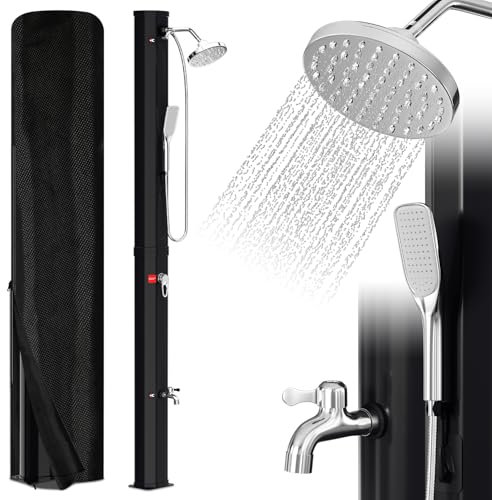 Eulenke Solardusche 35L Solar Gartendusche mit 360°Regenduschkopf, Wasserhahn und handbrause, Warmes Wasser Max. 60℃, ohne Stromanschluss, Pooldusche mit Schutzhaube-Ablassschraube, Schwarz