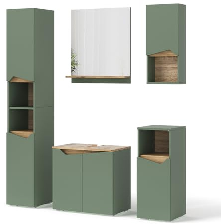 Vicco Set di mobili da bagno Marelle, Verde/Artigianale, 60 cm, composto da mobile sottolavabo, specchiera, colonna, base media e pensile