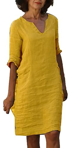 Generisch 2025 - Algodón y Lino Manga Corta Vacaciones Semi Casual Mujer Cuello en V Mini Vestido de Color Sólido Vestido de Mujer Vestidos Maxi de Verano para Mujer, amarillo, XL