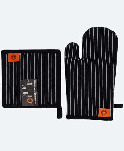 Set di Guanti masterchef da Forno e Presina a Righe, Nero con Strisce Bianche, Accessori da Cucina con Etichetta Arancione