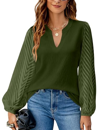 Atxnn Camiseta Mujer Blusa de Encaje Manga Larga Elegantes Top Chifón Informal Camisa con Cuello en V Otoño Túnica Color Sólido de Trabajo, Armygreen M