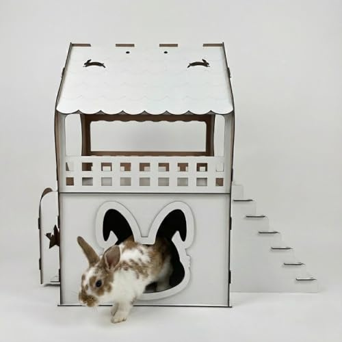 Jungengel Kaninchenhaus Innen Weiß 2 Etagen - Modernes MDF Kleintierhaus mit Rampe & Balkon, Werkzeugloses Stecksystem für Zwergkaninchen, Stabil & Dekorativ (Weiß, XL)