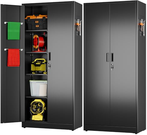 SPKAPO 71.41 H Broom Closet Storage Cabinet with Towel Hangles and Adjustable Shelves,Metal Clean Tool Cabinet with Pegboard and Hooks for Garage Laundry Room Home Office,Required Assembly,Black