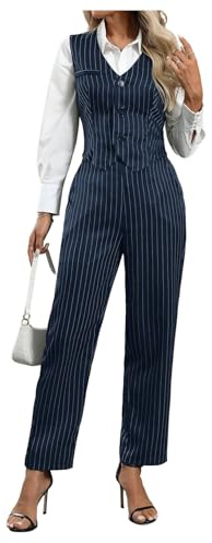 SOLY HUX Women's 2 Piece Outfits V Neck Button Down Sleeveless Blazer Vest and Pants Work Office Set Blue Striped Large