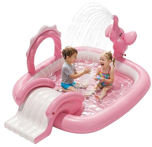 QPAU Piscina Hinchable Infantil Elefante con Tobogán y Rociador, Centro de Juegos de Agua con 4 Aros, 183 × 163 × 94 cm, Piscina Infantil para Jardín y Exterior, Regalo para Niños (Rosa)