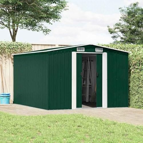 Casetta da giardino in metallo 257x298x178 cm, verde, deposito per biciclette/box da giardino con doppie porte scorrevoli, con pavimento per attrezzi e utensili da giardino