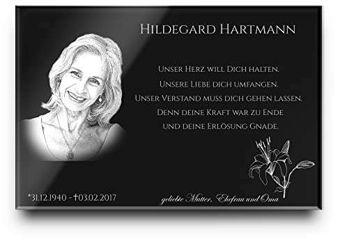 CHRISCK design Gedenktafel aus hochwertigem Hochglanz Acrylglas (bruchsicher/wetterfest) Grabplatte mit Gravur/Fotogravur ab 20x15 cm cm Gedenktafel für Menschen Andenken Außenbereich