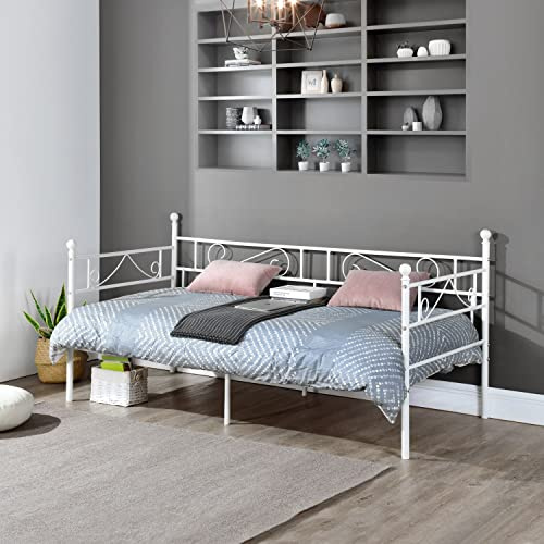 DORAFAIR Cama Metálica Diván Cama de día para Dormitorio Salón Cuarto de Invitados, Adecuado para Colchón de 90 * 190 cm, Blanco