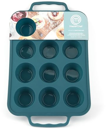 Master Chef Junior - Molde para 12 Mini Muffins con Asas de Silicona Azul Pavo - Ideal para Repostería