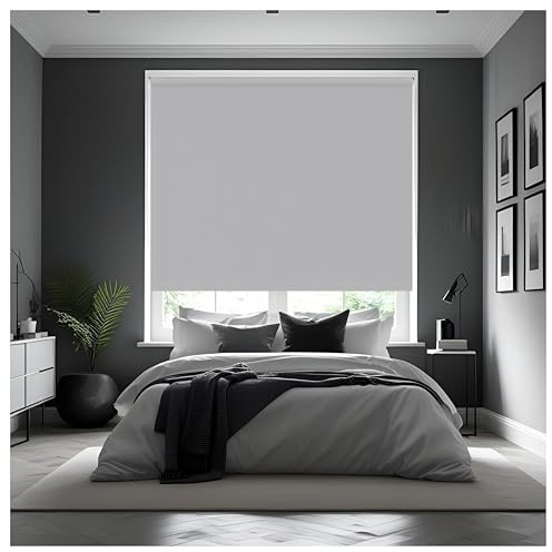 Thermal Insulated Blackout Fabric Roller Blinds, Easy Fit Room Darkening Shades Fittings Included Light Grey (Width 210cm x Length 165cm, Blackout, Grey) (BK004)